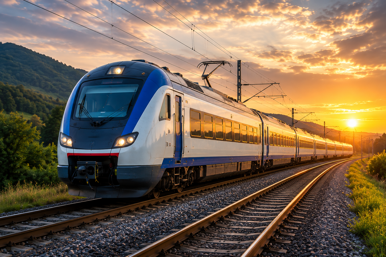 Modern train at railway platform, rail network operations