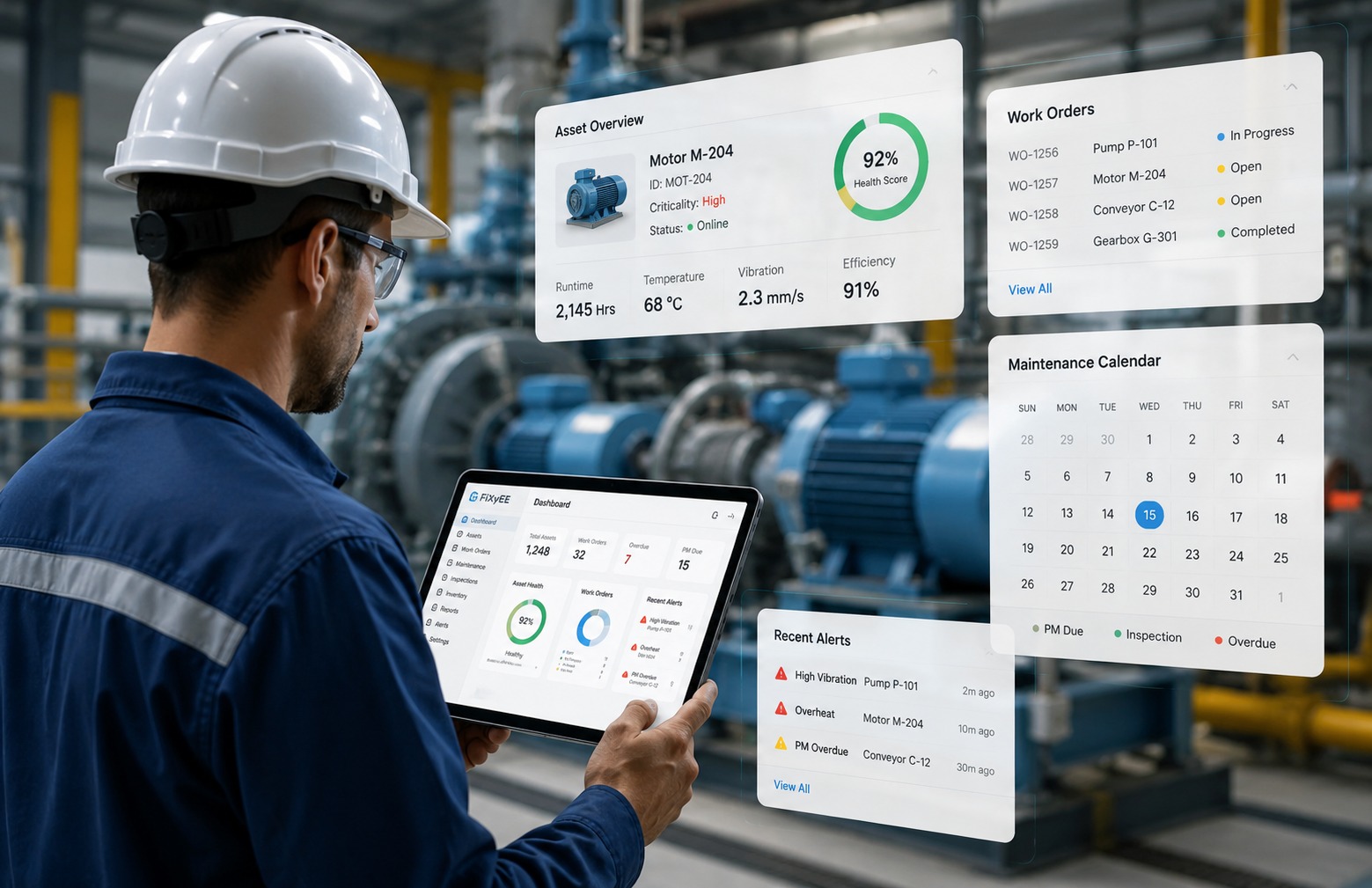 Engineer inspecting industrial production line equipment in factory