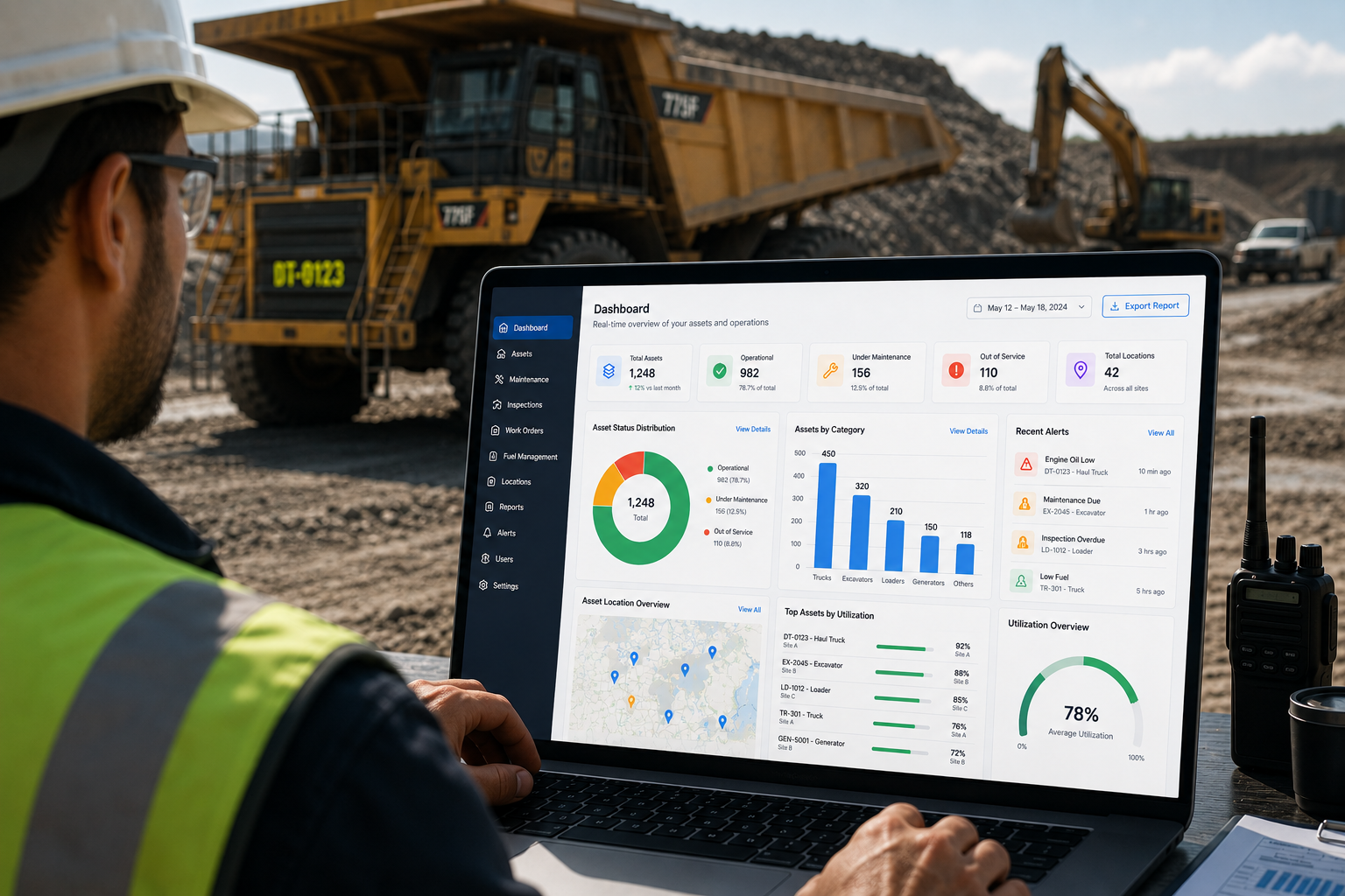 Asset manager viewing Fixyee dashboard on laptop at construction site