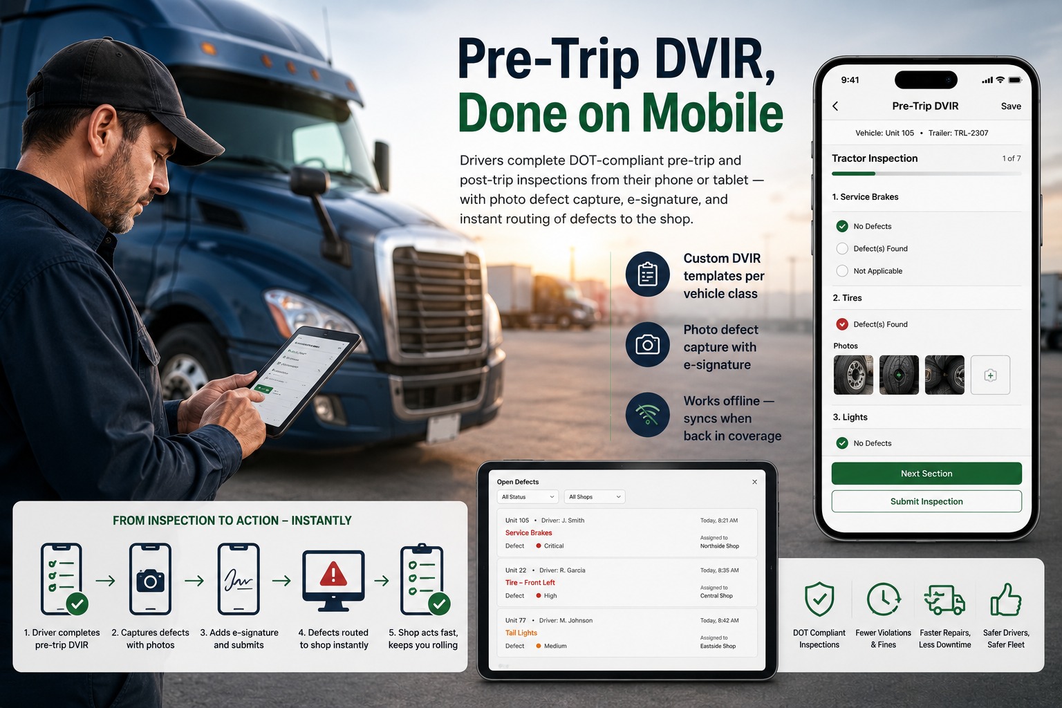 Truck driver at cab performing pre-trip inspection using Fixyee DVIR app