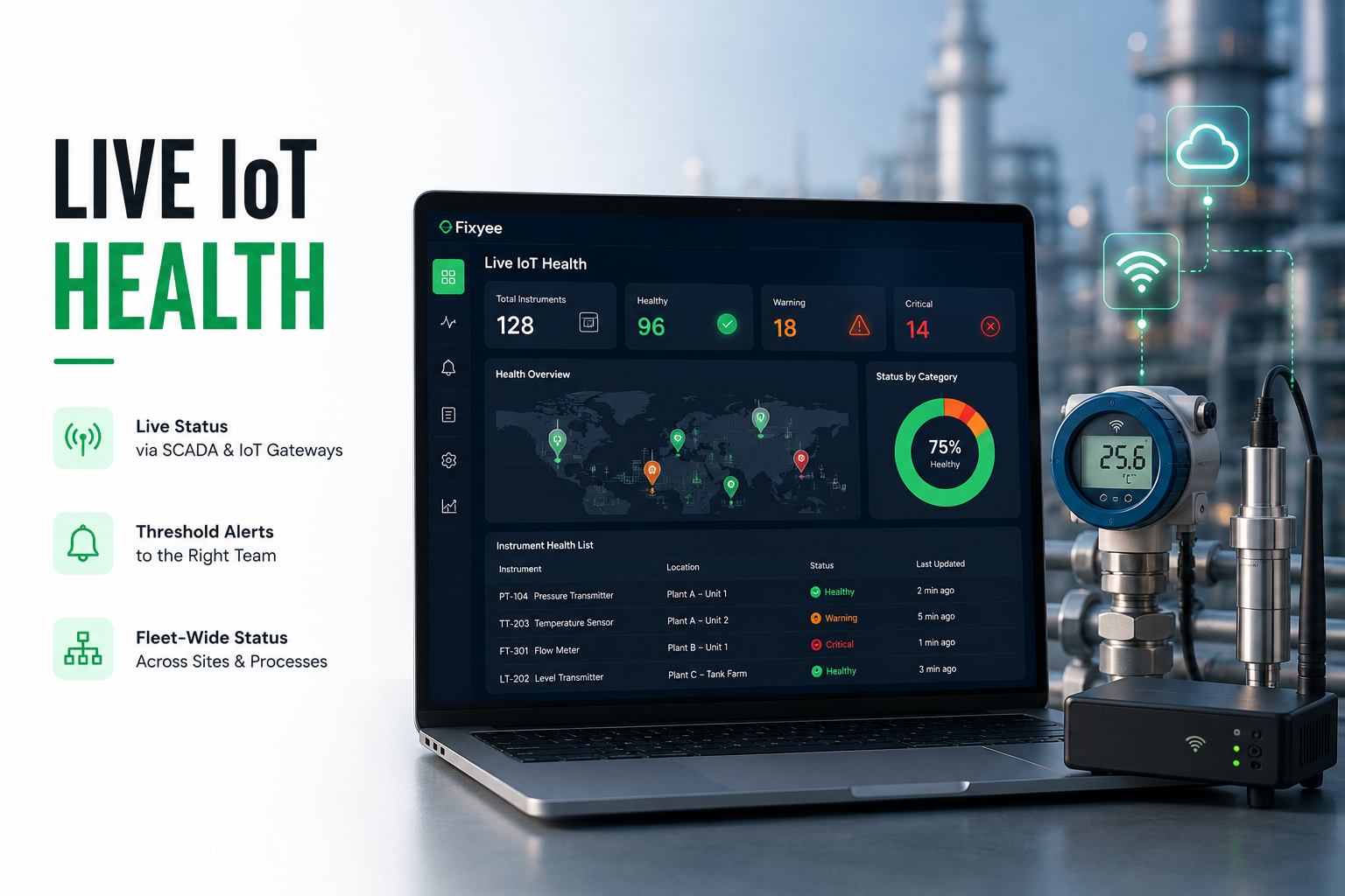 Live IoT Health — real-time sensor status across sites