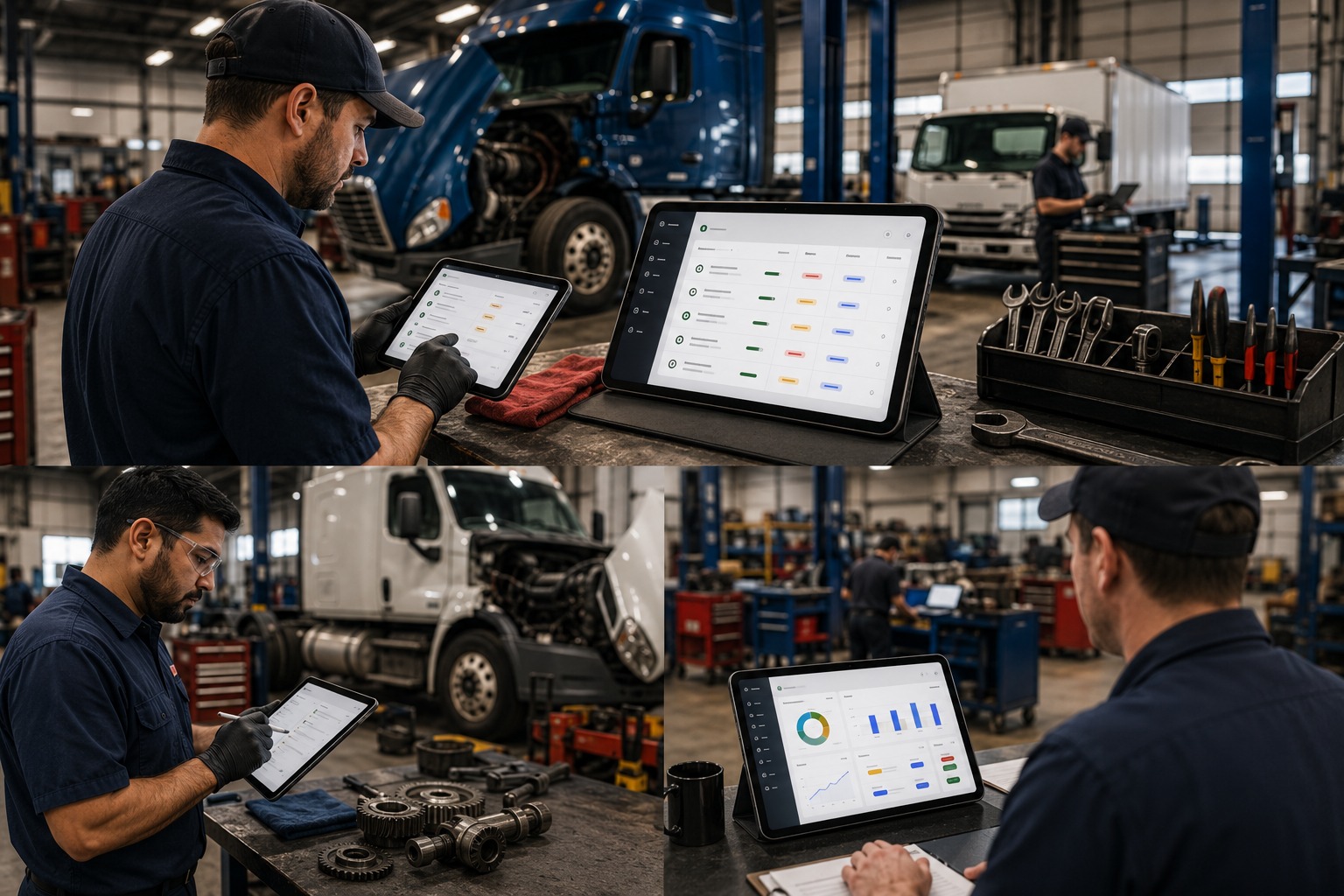 Mechanic servicing truck engine in commercial fleet workshop