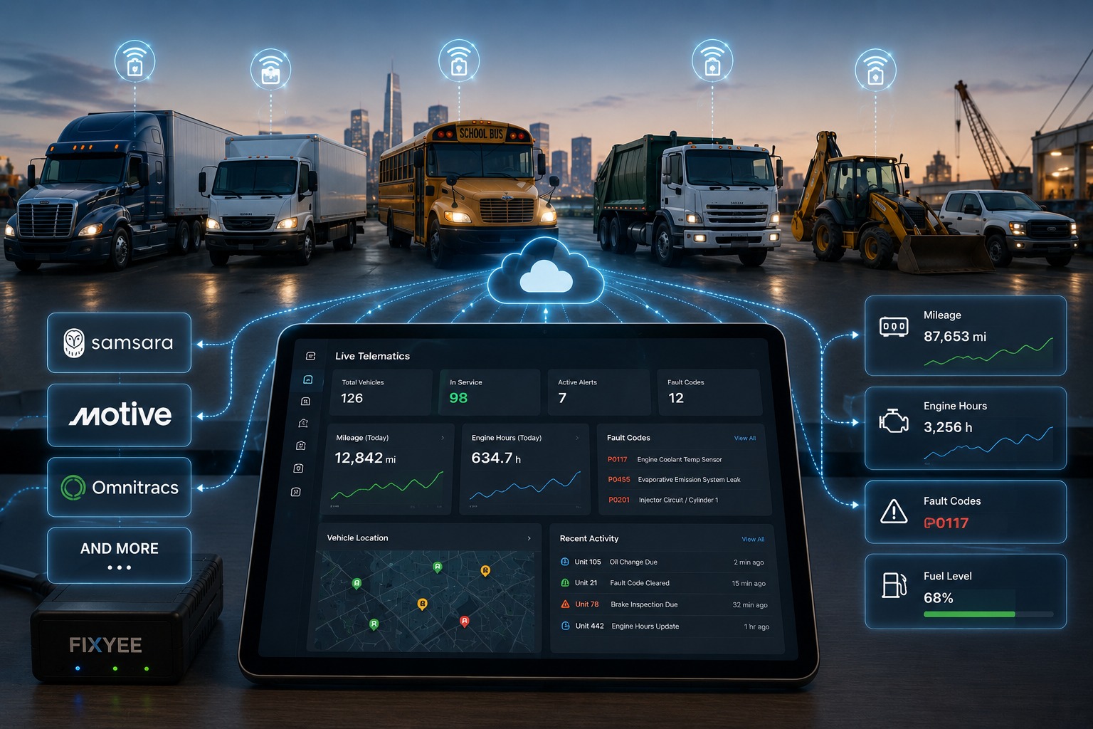 Fleet dispatcher monitoring vehicles on telematics dashboard