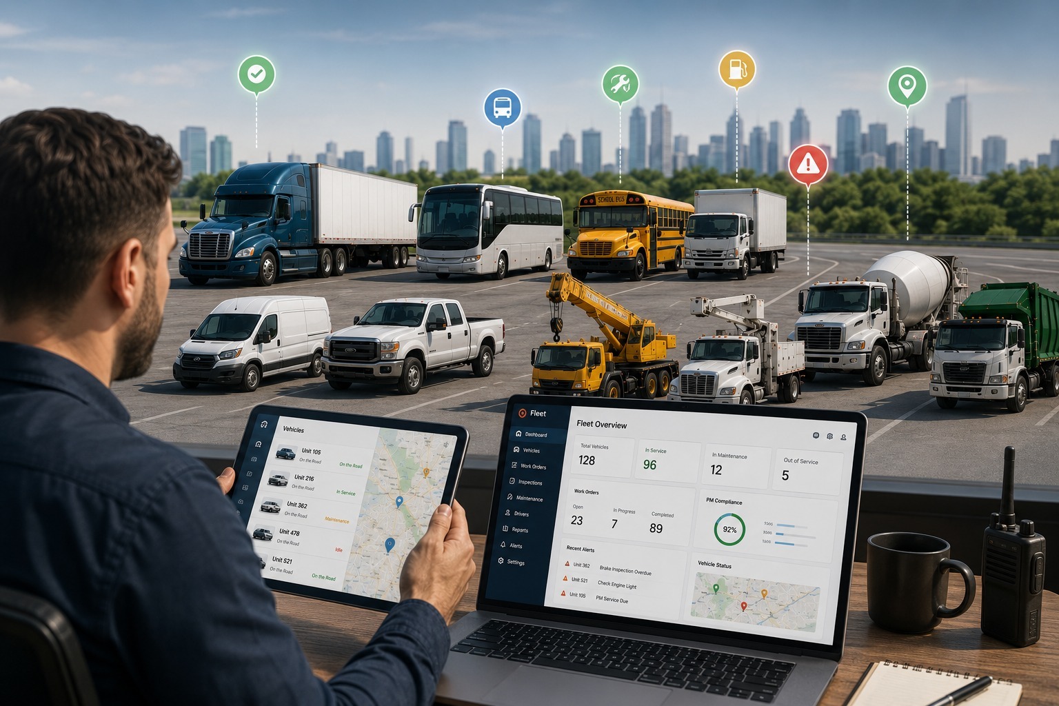 Semi-trucks parked at commercial fleet depot, transportation operations