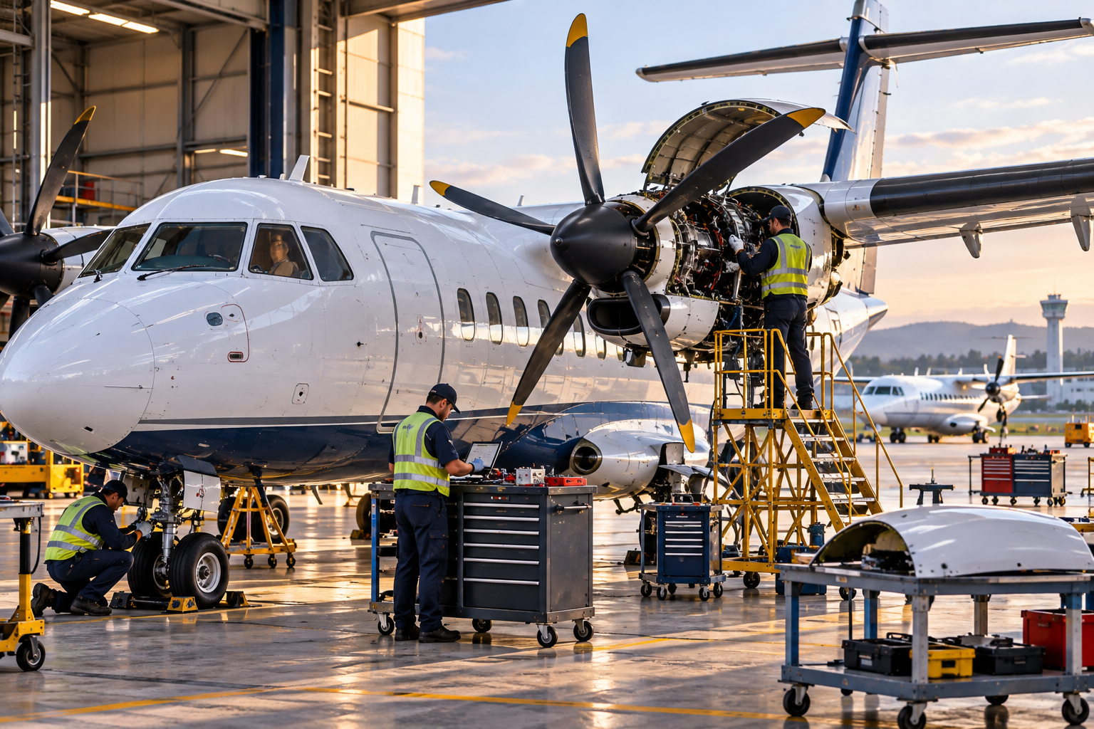 Jet in hangar with ground crew