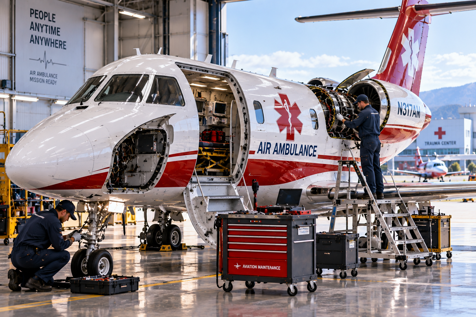 Air ambulance being serviced in a hangar