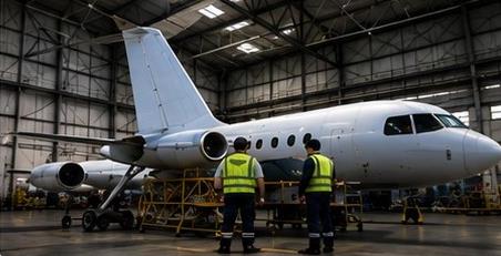 Jet in hangar with ground crew