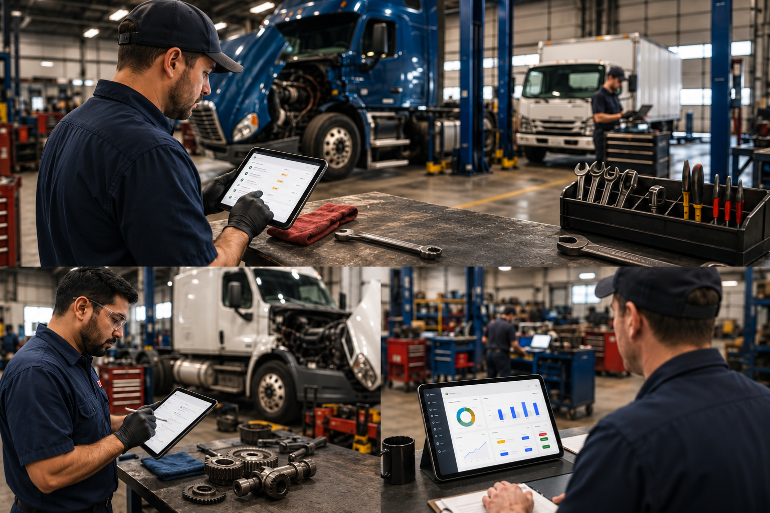 Mechanic servicing truck engine in commercial fleet workshop
