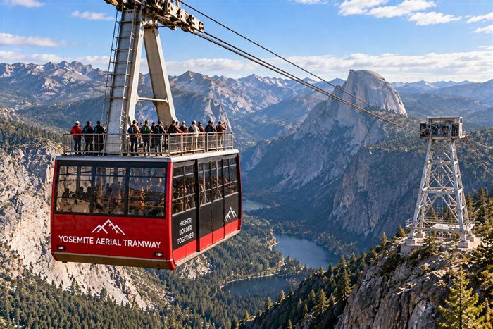 Aerial tramway cabin with passengers on a mountain route