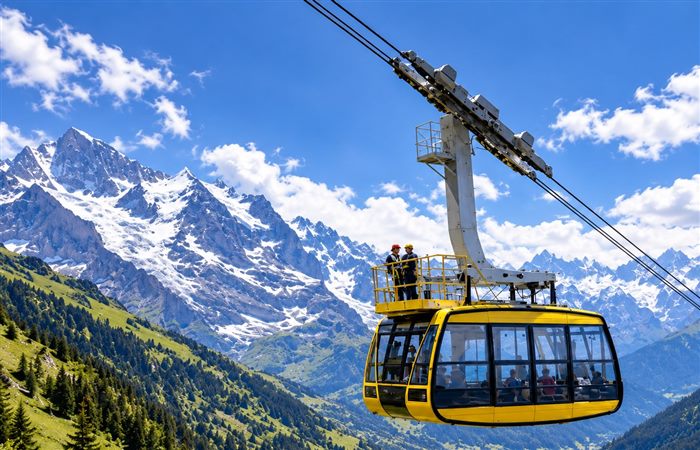Yellow gondola cabin with maintenance technicians on the roof platform