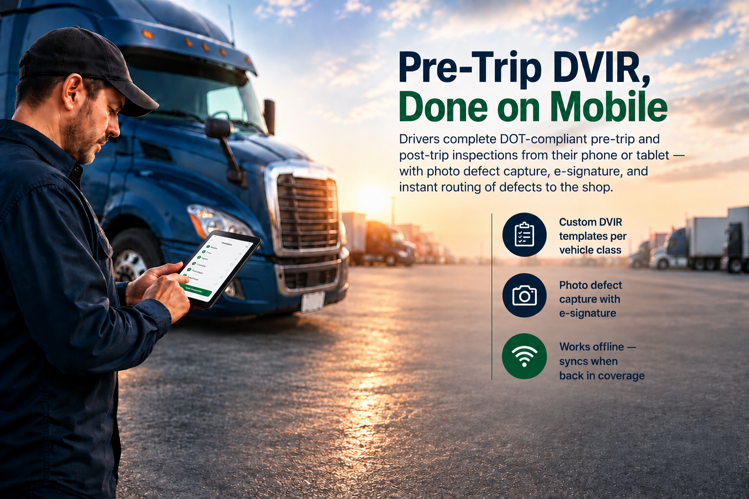 Truck driver at cab performing pre-trip inspection using Fixyee DVIR app