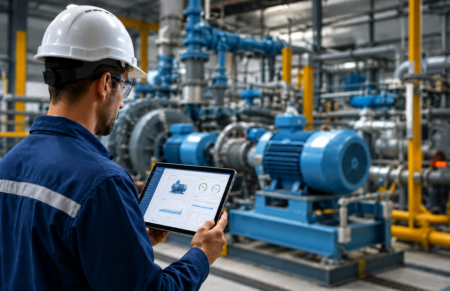 Engineer inspecting industrial production line equipment in factory